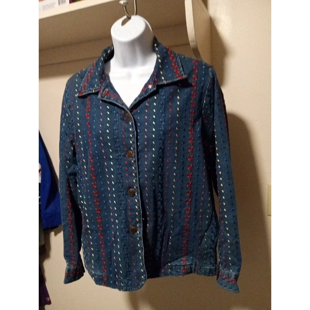 Graff By Um Denim Blue Jean Jacket Embroidered Colorful Button Up Women's Size S